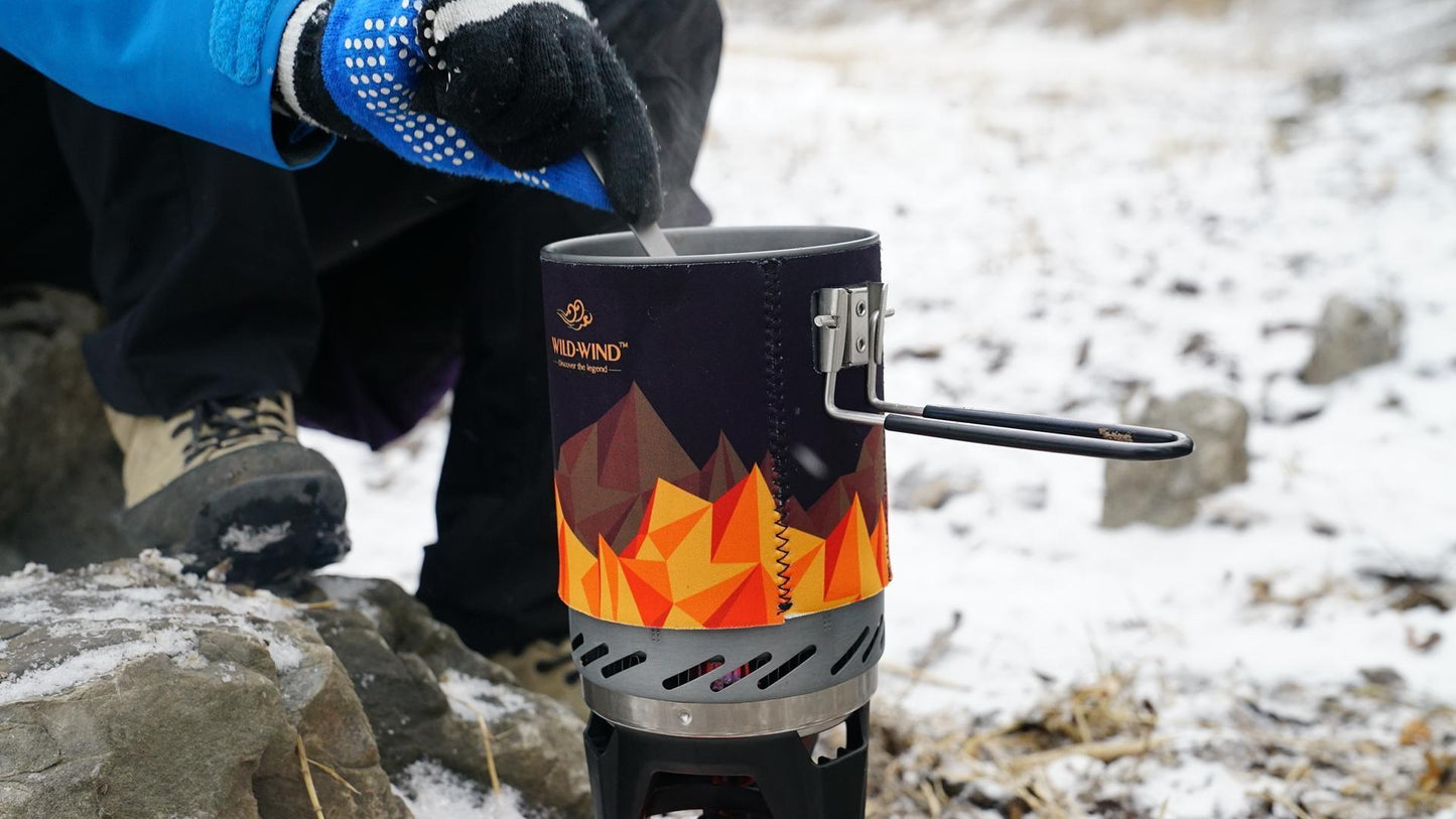 Portable Backpacking Stove; WILD-WIND X0 Lightweight Camping Stove Cooking System with 1 Liter Pot; One-Piece Design Camp Stove Propane (package includes addtional orange cozy and lid)