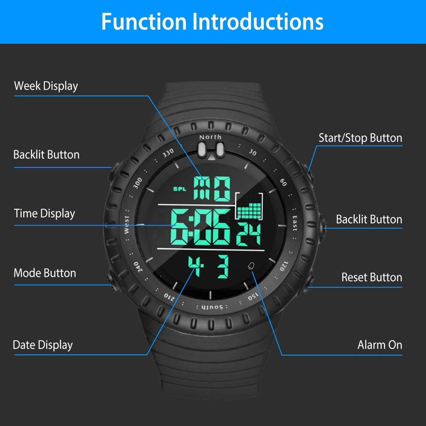 Digital Men Sports Watch Water-Resistant Military Tactical Wrist Watch