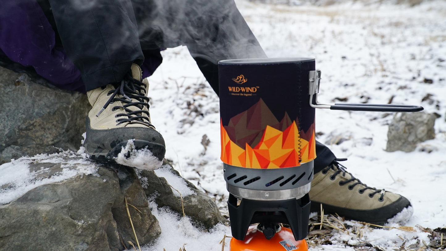 Portable Backpacking Stove; WILD-WIND X0 Lightweight Camping Stove Cooking System with 1 Liter Pot; One-Piece Design Camp Stove Propane (package includes addtional orange cozy and lid)