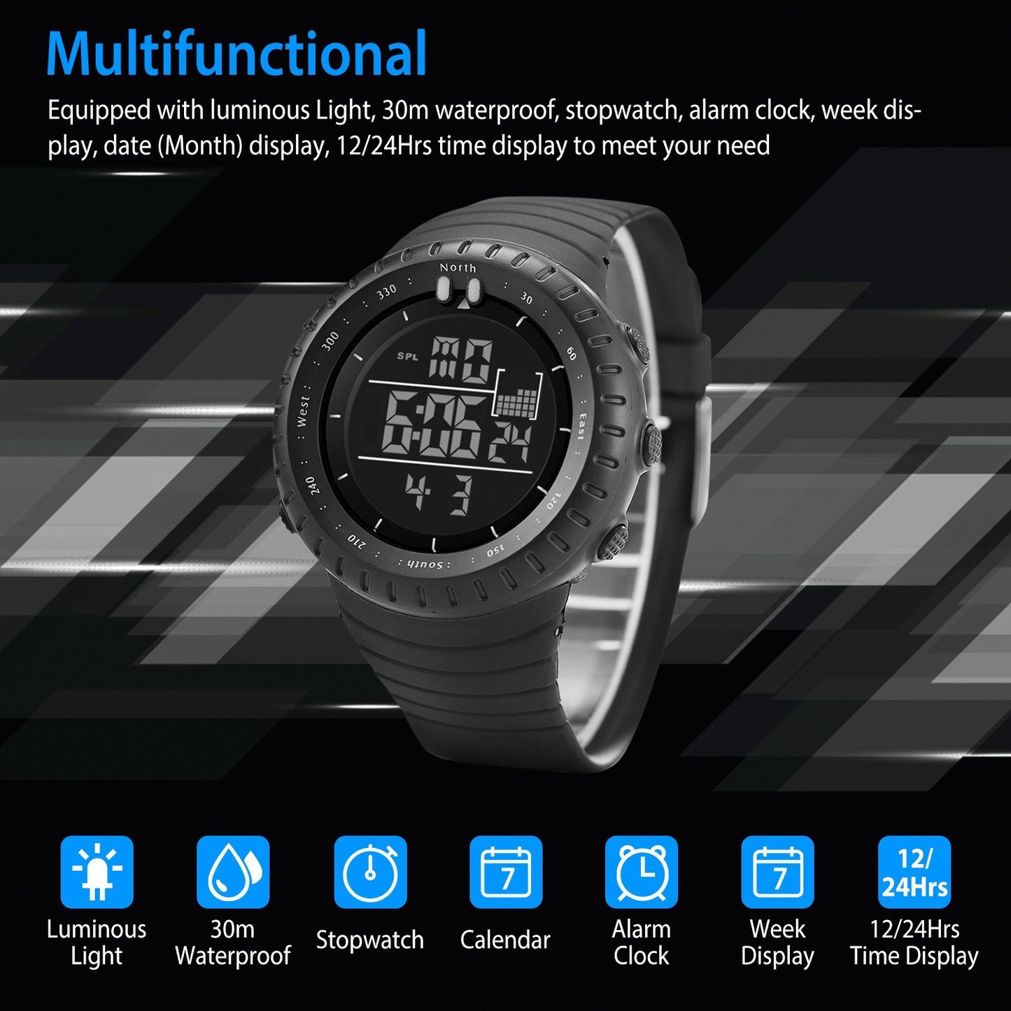 Digital Men Sports Watch Water-Resistant Military Tactical Wrist Watch