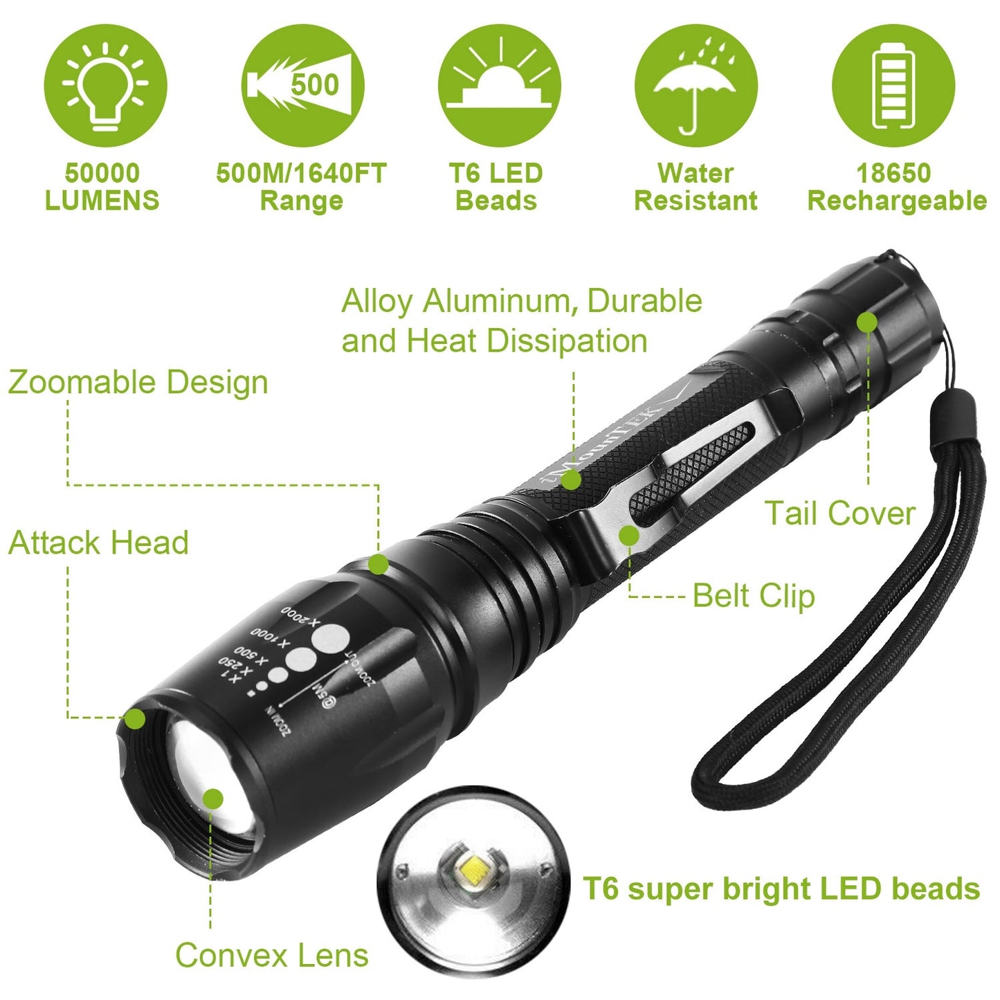2Packs T6 Tactical Military LED Flashlight 50000LM Zoomable Rechargeable Flashlight Torch w/ 5Modes SOS Night Light